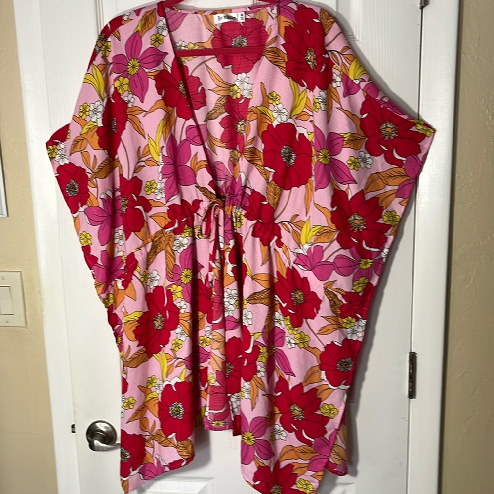 Room Mates floral tropical print swim cover up pink red kimono short sleeve XL